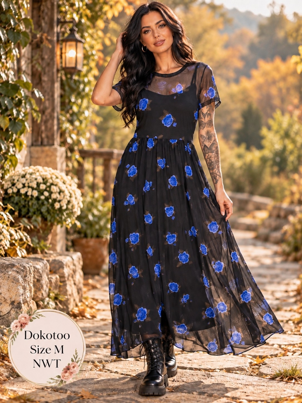 Dokotoo NWT Black Blue Rose Mesh Floral Maxi Dress Size M